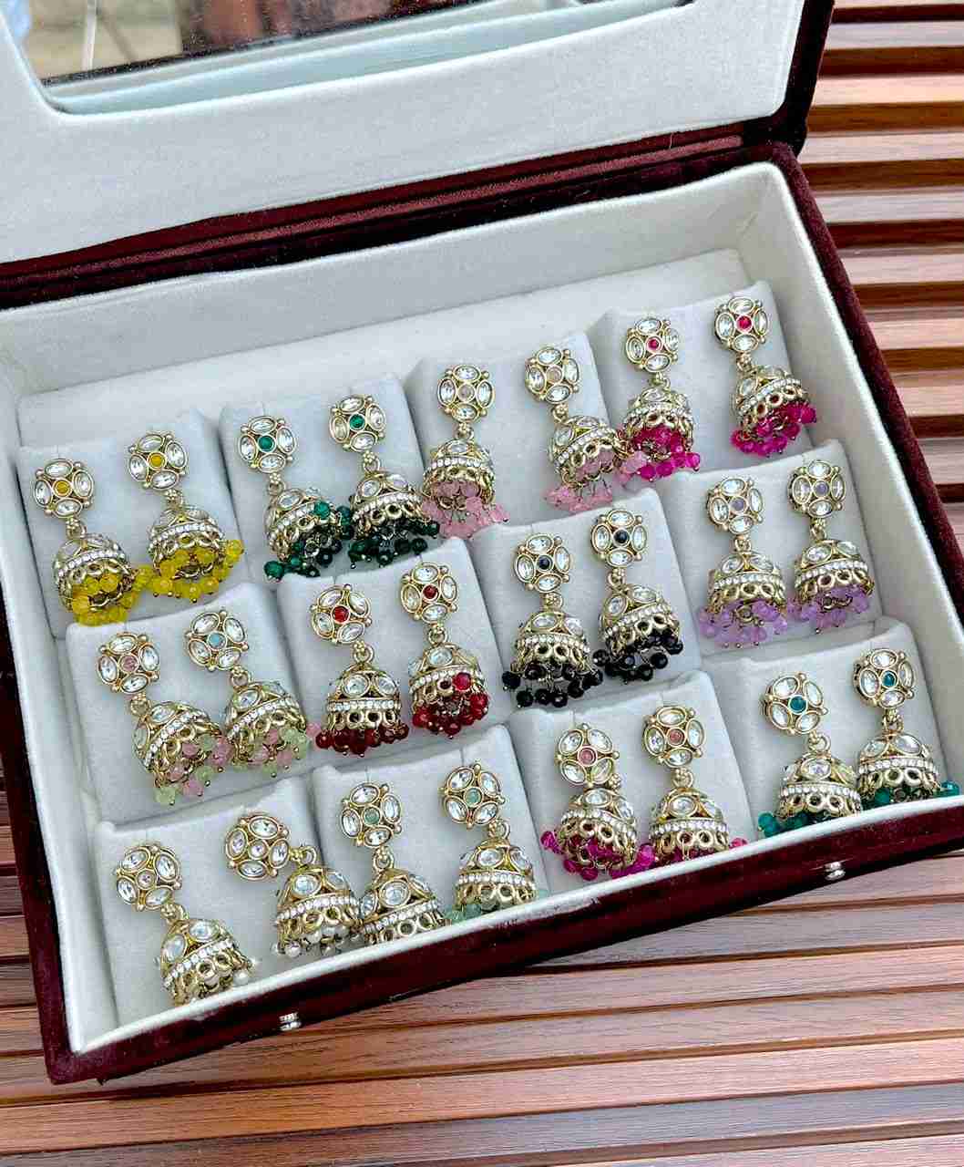 Beautiful Premium Quality 12 Pairs Different Colour Small Jhumka Mirror Box….